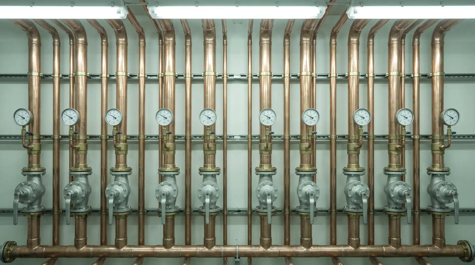 A wall of immaculate copper pipework and pressure gauges under flat fluorescent light, perfectly engineered and entirely without atmosphere