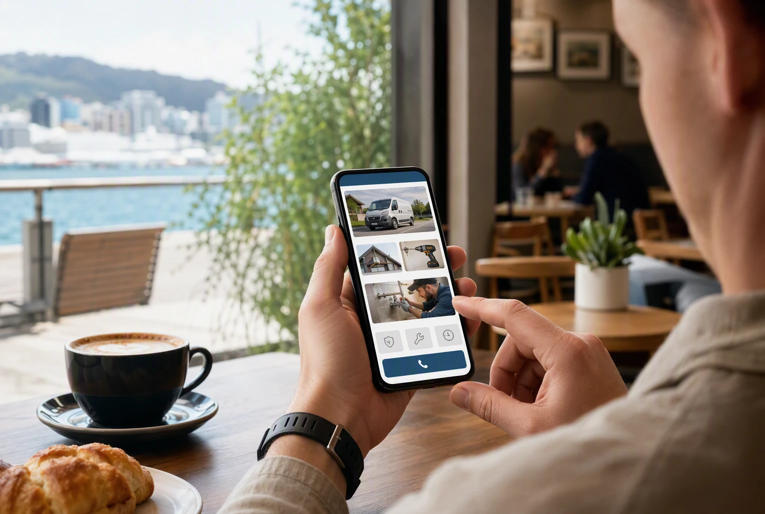 Customer browsing a trades website on smartphone in a Wellington cafe
