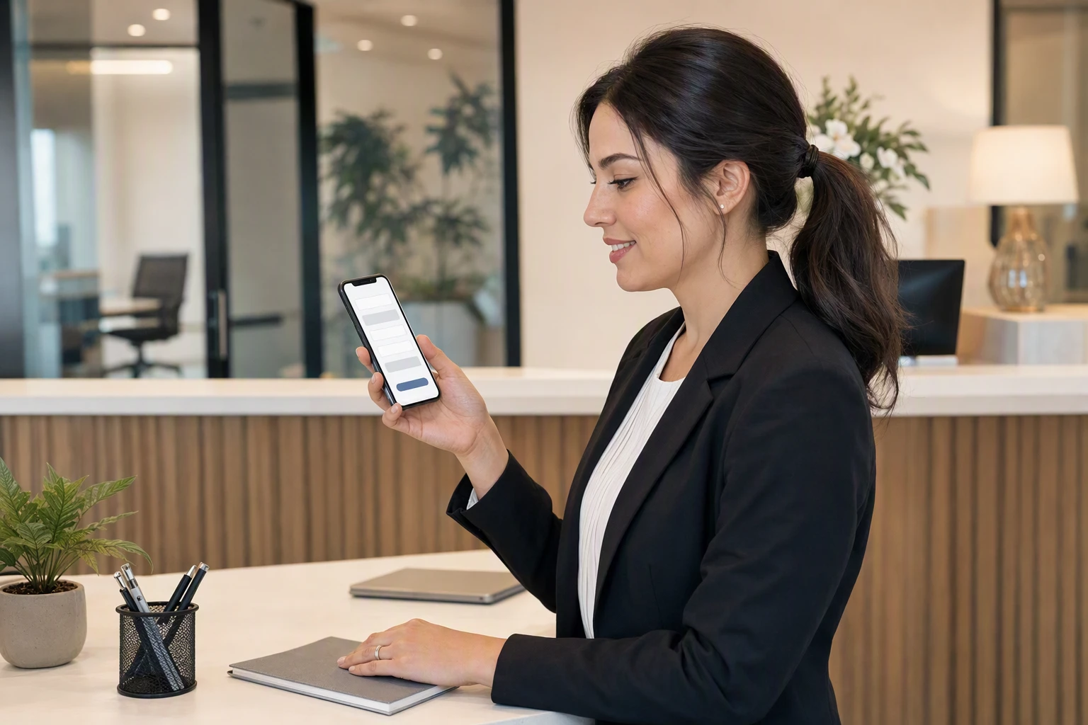Office manager filling out a simple enquiry form on a smartphone at front desk
