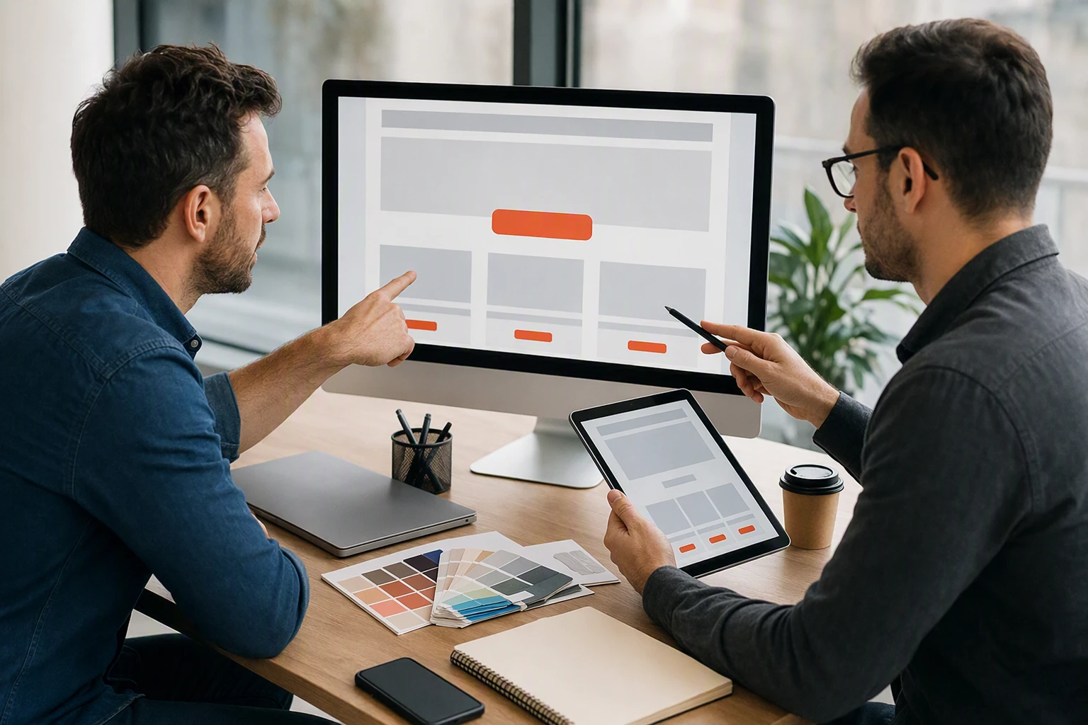 Service owner reviewing homepage button layout with designer
