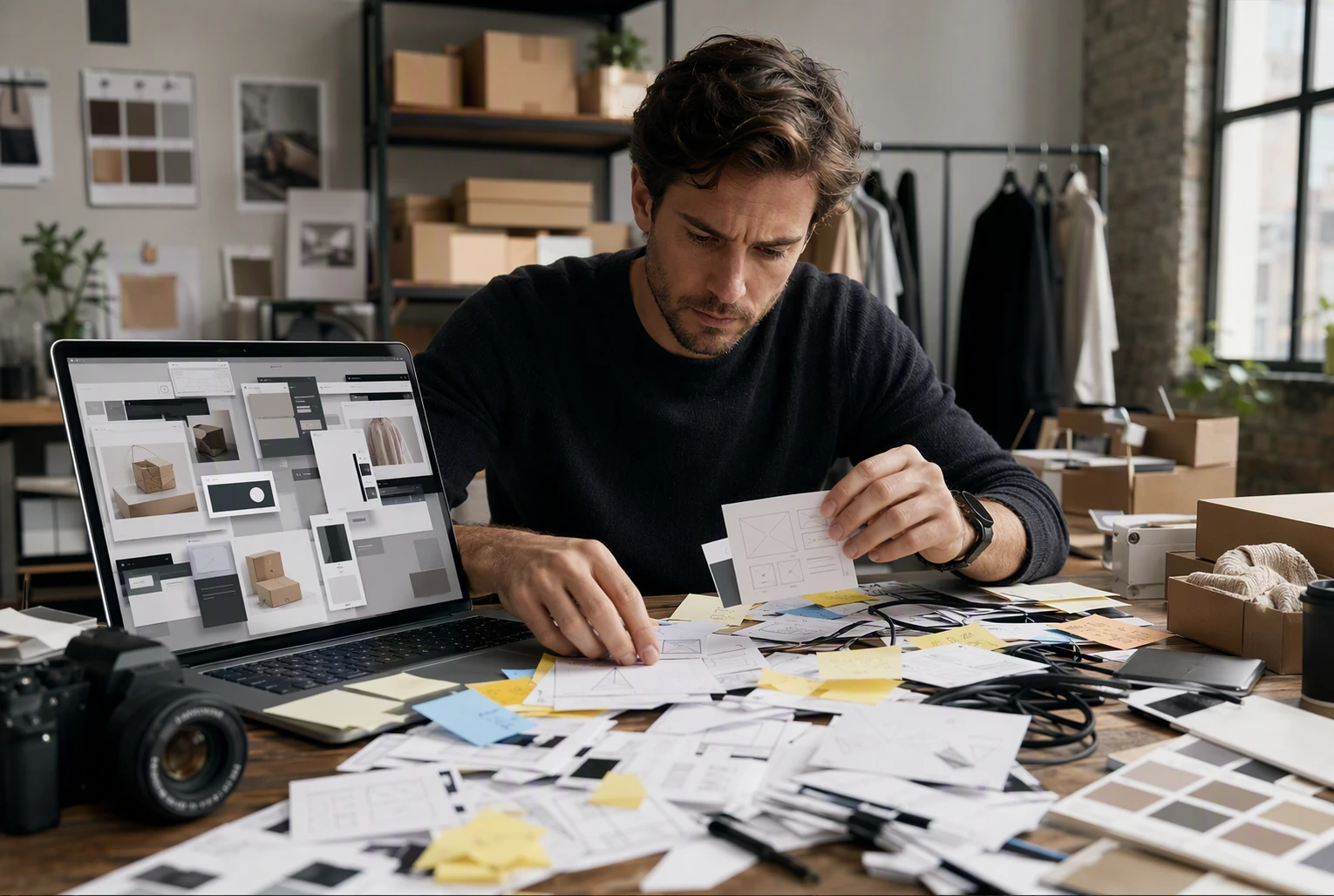 Web designer untangling wires and sticky notes beside cluttered laptop